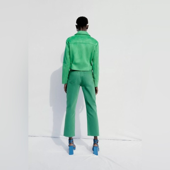 ZARA ~ ZARA GREEN FAUX SUEDE BIKE JACKET WITH Zippers And Belt - Picture 4 of 14